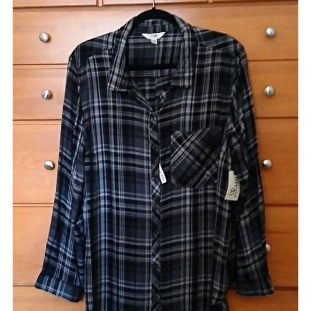 NWT Terra & Sky Womens 2X 20W-22W Plaid Black Button-Up Long Sleeve Viscose Top